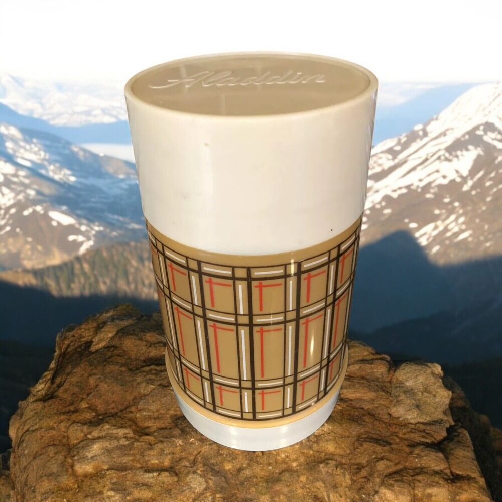 Vtg Aladdin’s Best Buy Vacuum Bottle Tan Red‎ Plaid Wide Mouth Pint Thermos
